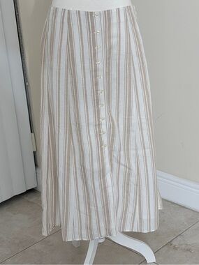 LOFT Beige and White Striped Button-Front Midi Skirt
